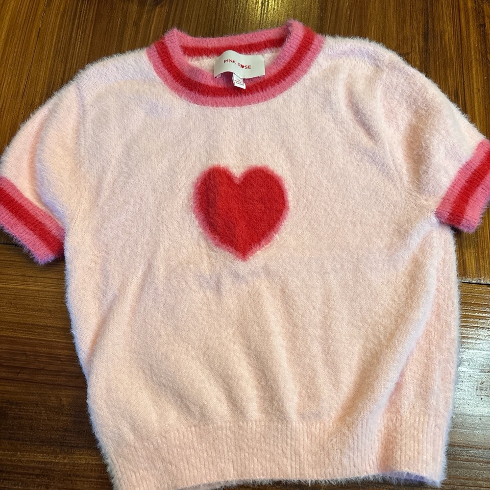 Juniors Pink and red fuzzy heart sweater